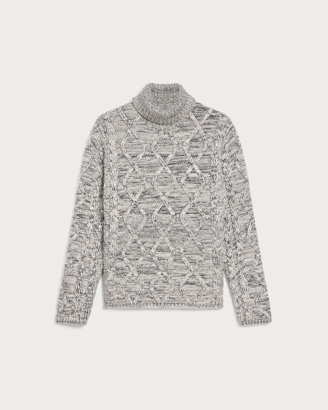 Marl Cables Turtleneck with Leather Detail, Ecru & Noir, hi-res