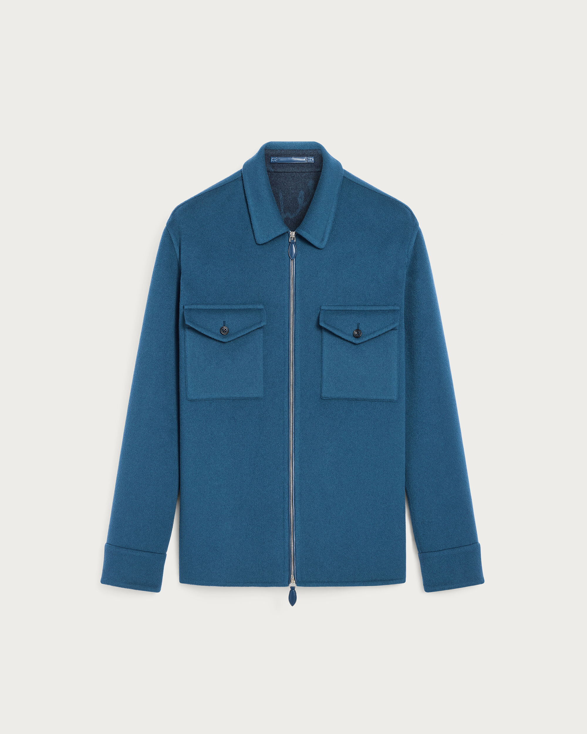 Double Face Zipped Overshirt with Leather Detail, Nile Blue & Internal Giant Scri, hi-res