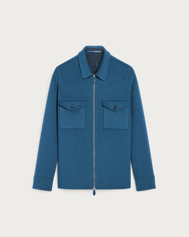 Double Face Zipped Overshirt with Leather Detail, Nile Blue & Internal Giant Scri, hi-res