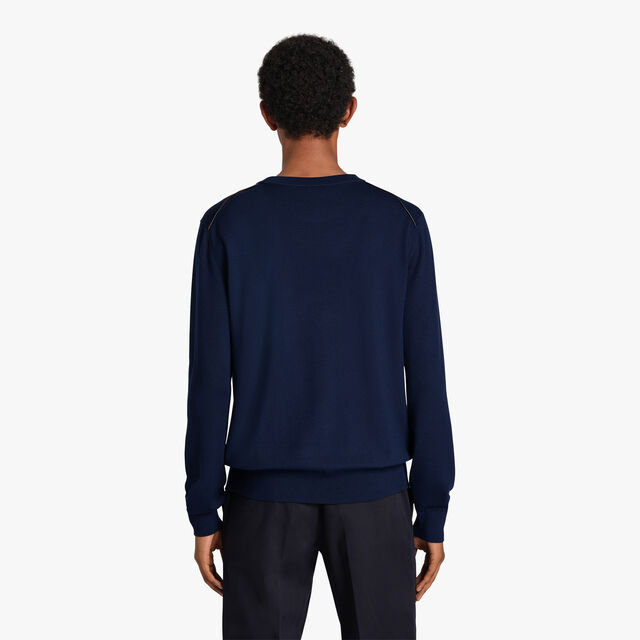 Wool Sweater With Leather Detail, COLD NIGHT BLUE, hi-res 3
