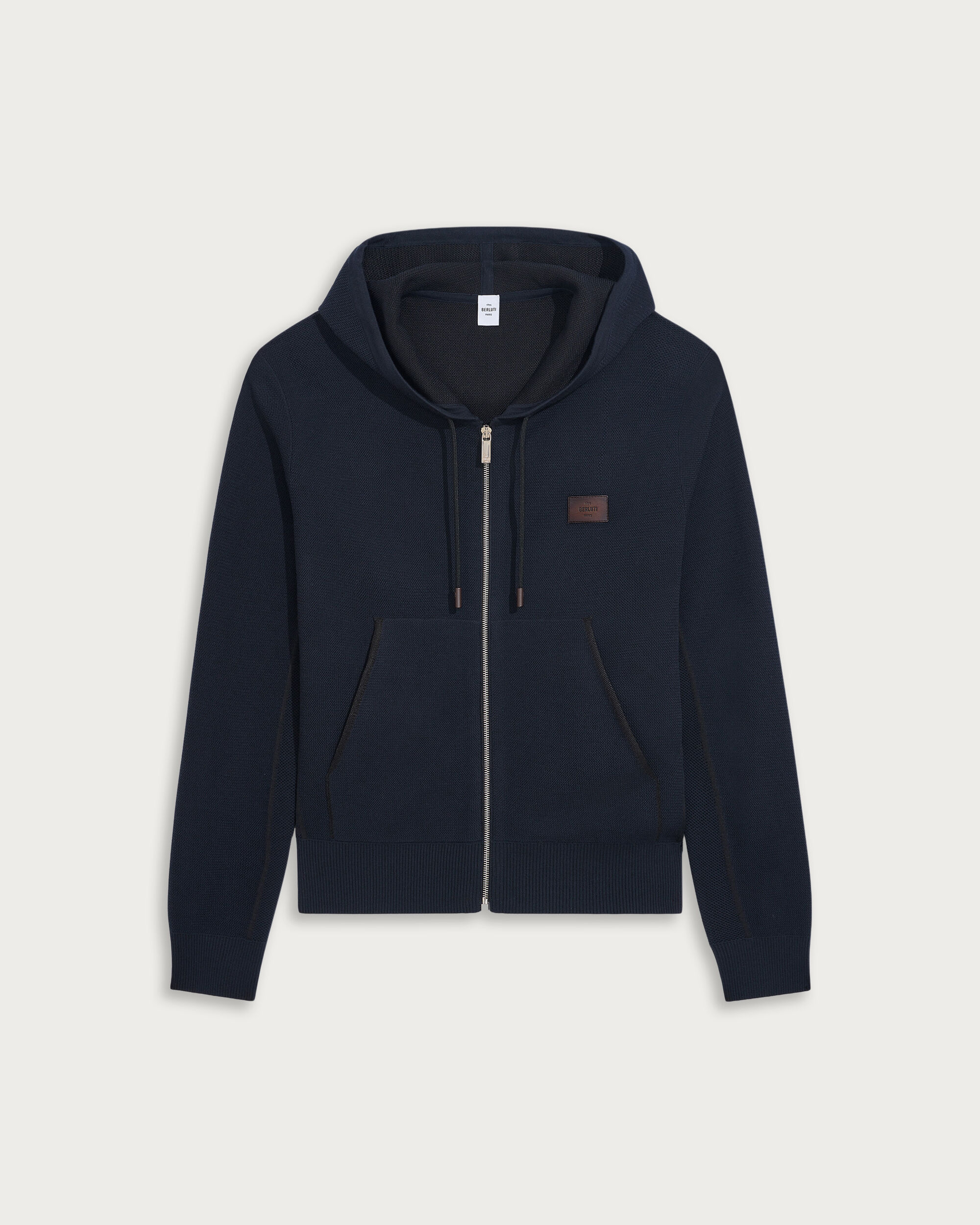 Shadow Zipped Hoodie with Leather Details, Navy, hi-res