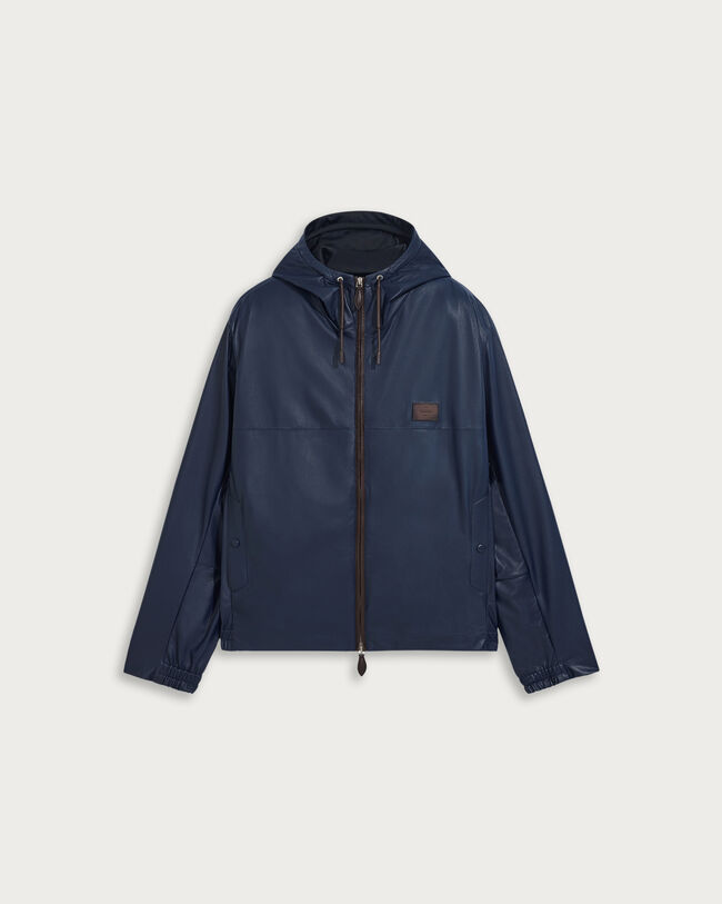 Ultralight Fly Leather Hooded Blouson, Marine, hi-res