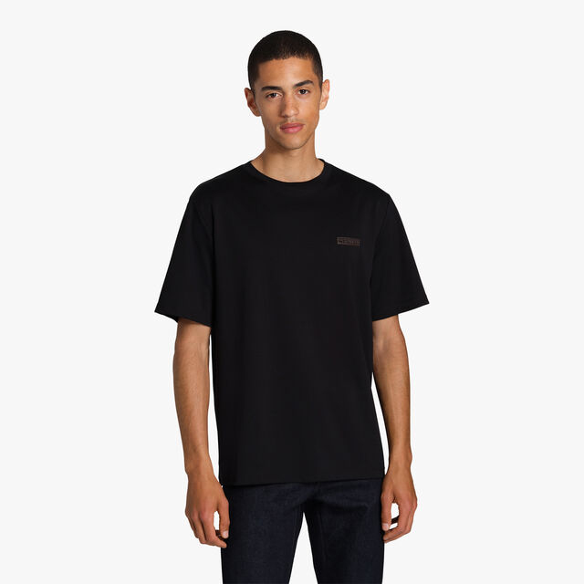 T-Shirt With Leather Detail, NOIR, hi-res 2
