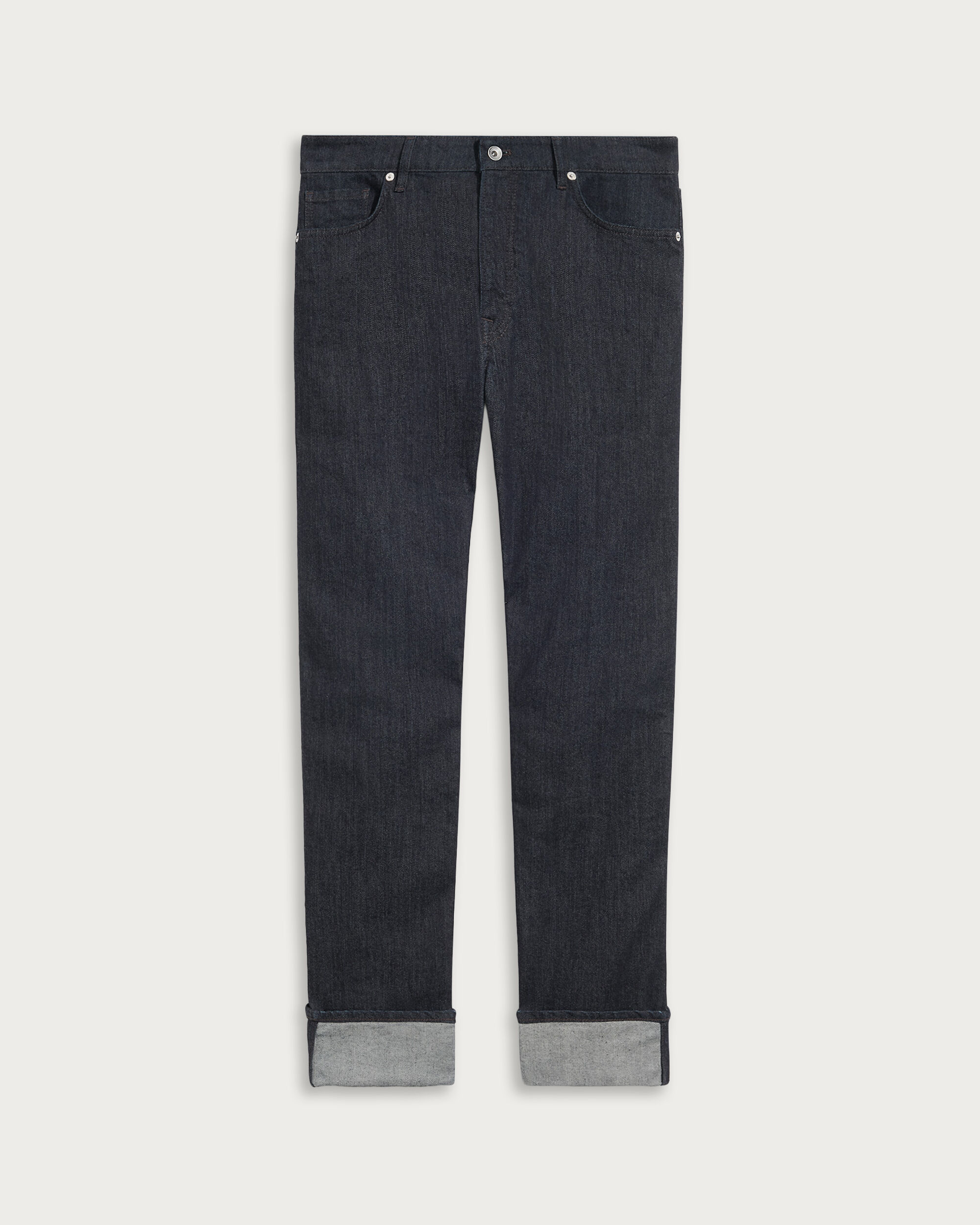 Straight Denim Pants with Leather Detail, Dark Indigo Denim, hi-res