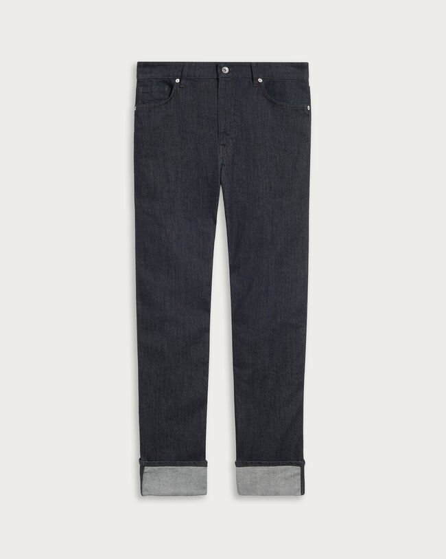 Straight Denim Pants with Leather Detail, Dark Indigo Denim, hi-res