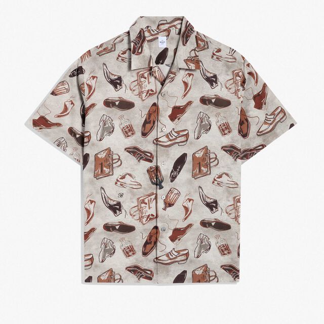 Linen And Cotton Printed Short Sleeves Shirt, ICONIC SUMMER BROWN, hi-res 1