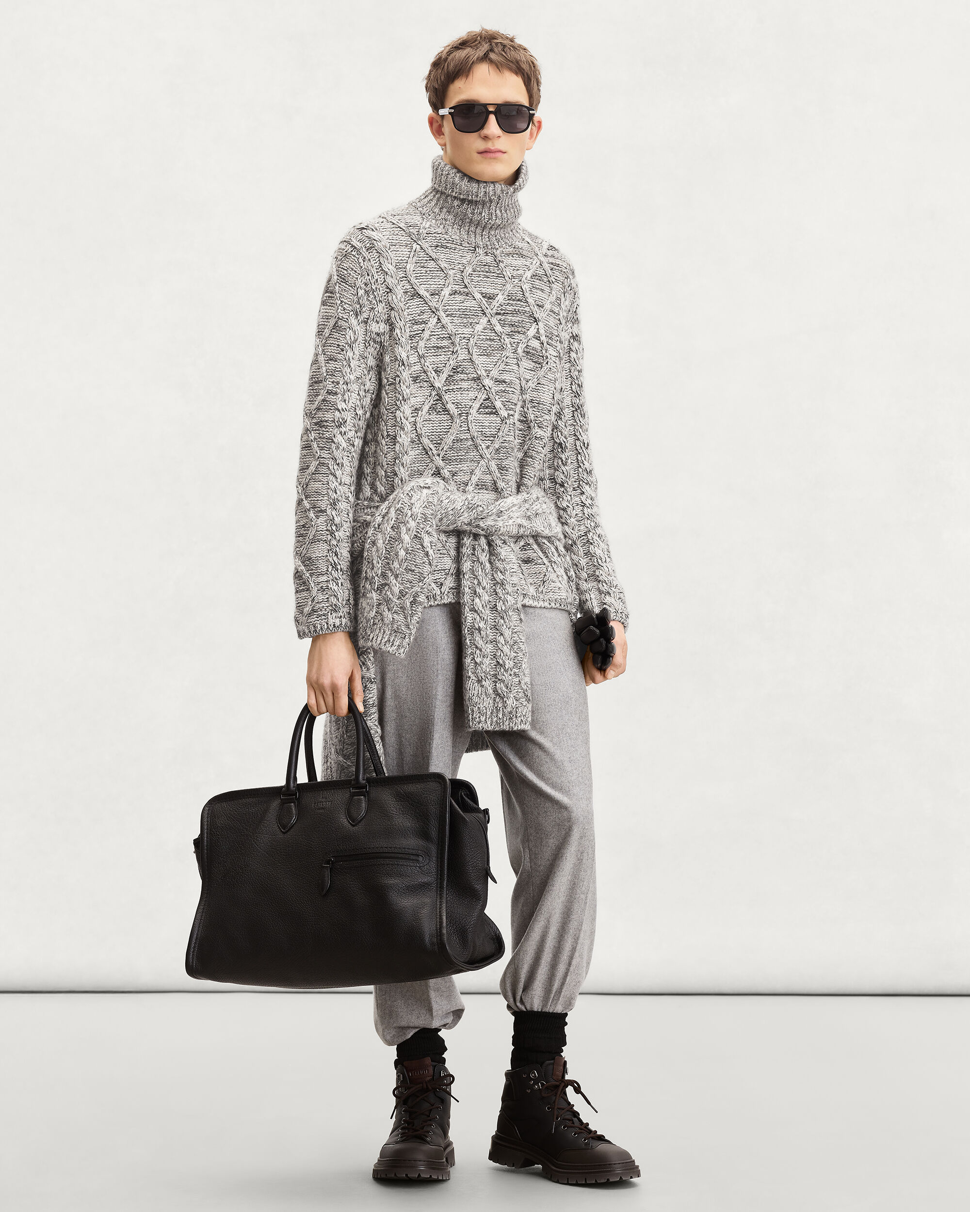 Marl Cables Turtleneck with Leather Detail, Ecru & Noir, hi-res