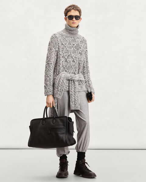 Marl Cables Turtleneck with Leather Detail, Ecru & Noir, hi-res