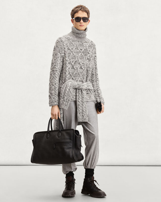 Marl Cables Turtleneck with Leather Detail, Ecru & Noir, hi-res