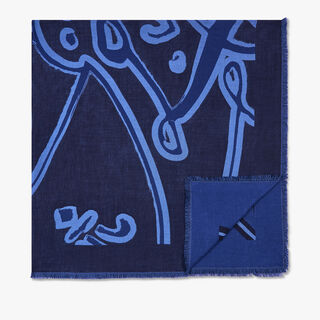 羊毛与真丝巨幅scritto图纹围巾, BLUE / BLACK, hi-res