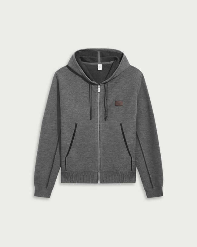 Shadow Zipped Hoodie with Leather Details, Midnight Grey, hi-res