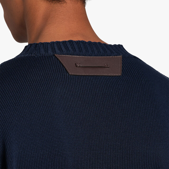 Cotton Sweater With Leather Logo Detail, PLEIADES BLUE, hi-res 6