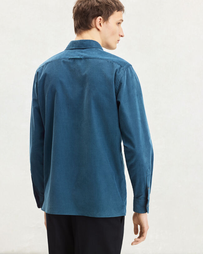 Corduroy Casual Shirt with Leather Detail, Nile Blue, hi-res