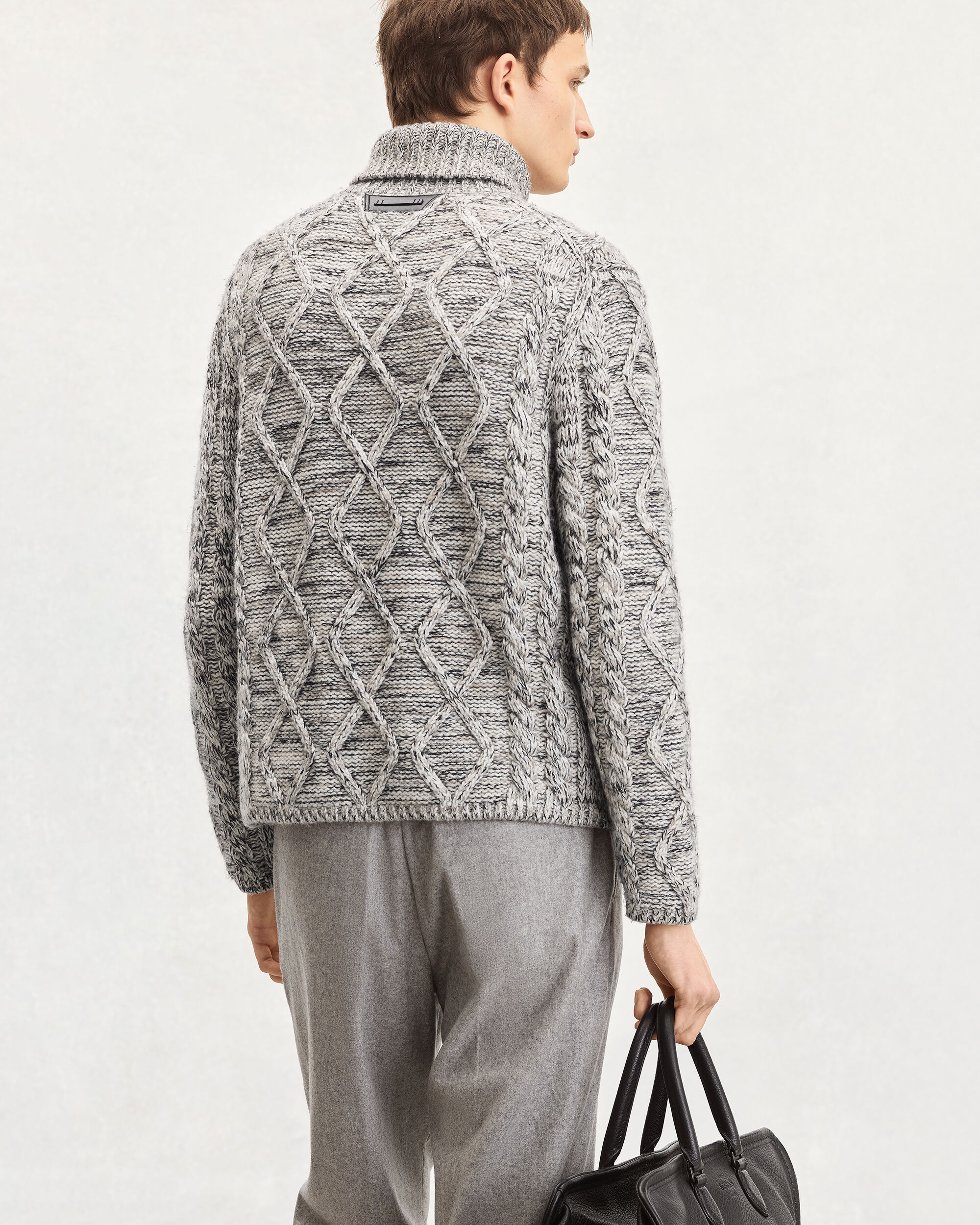 Marl Cables Turtleneck with Leather Detail, Ecru & Noir, hi-res