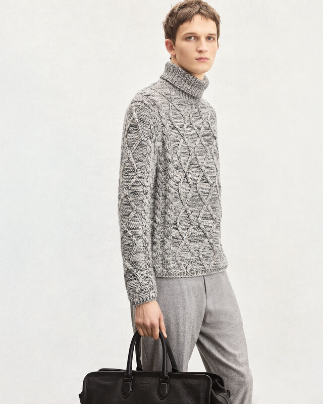 Marl Cables Turtleneck with Leather Detail, Ecru & Noir, hi-res