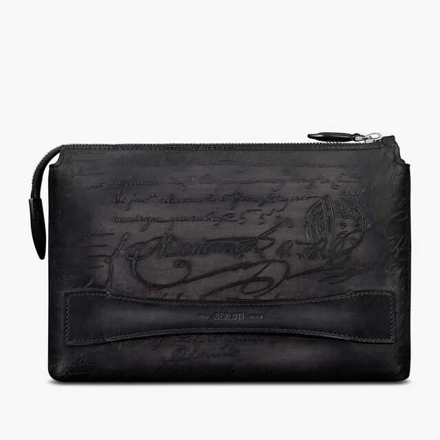 Pochette Zippée Tersio En Cuir Scritto, NERO GRIGIO, hi-res 1