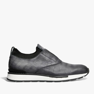 Fast Track Alligator Leather And Knit Slip-On Sneaker, ALUMINIO, hi-res