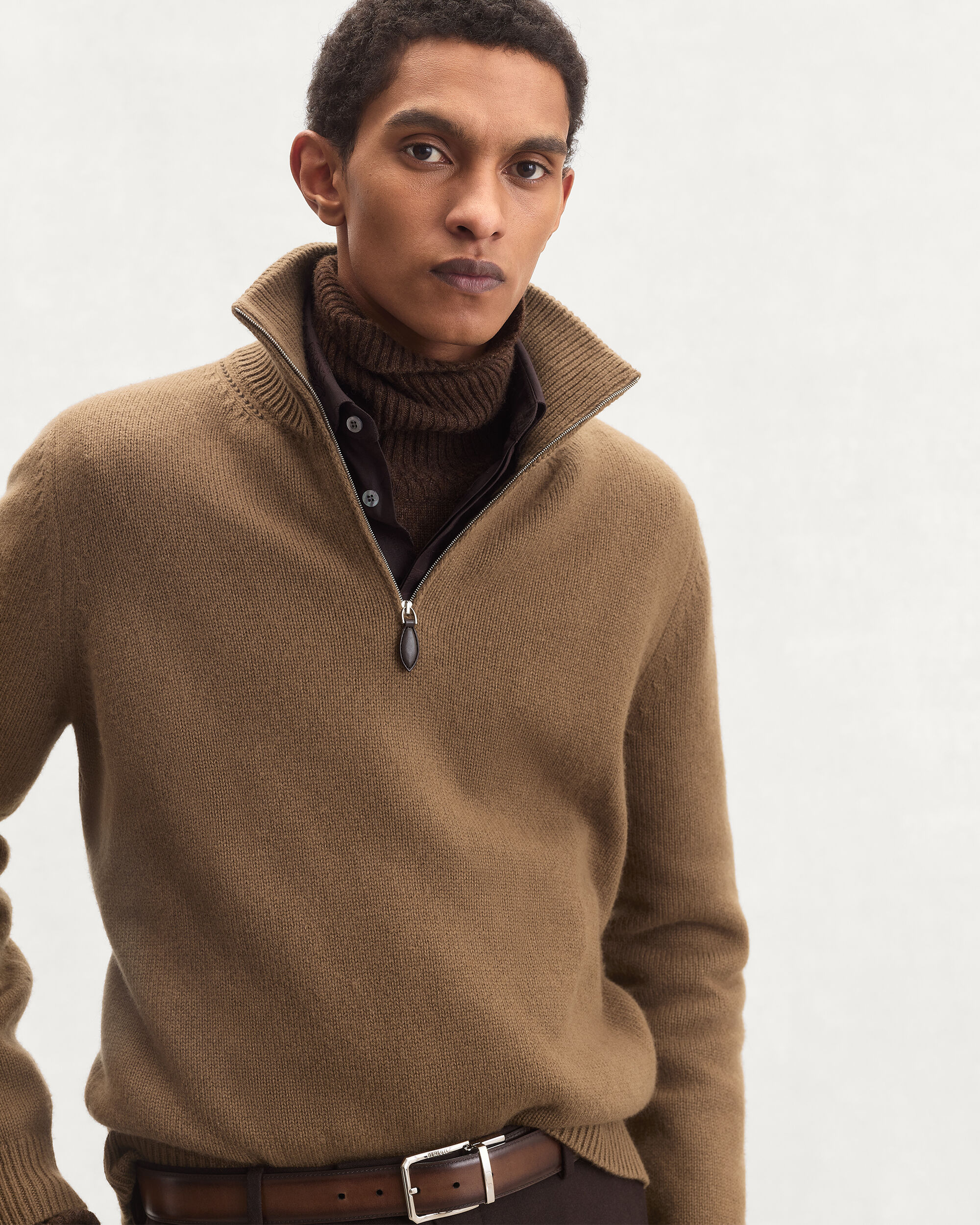 Leather Braiding Half-Zip, Walnut, hi-res