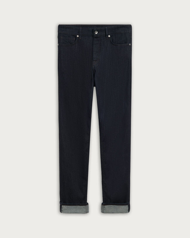 Slim Denim Pants with Leather Detail, Dark Indigo Denim, hi-res