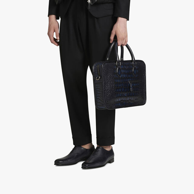 Un Jour Mini Alligator Leather Briefcase, NERO BLU, hi-res 9