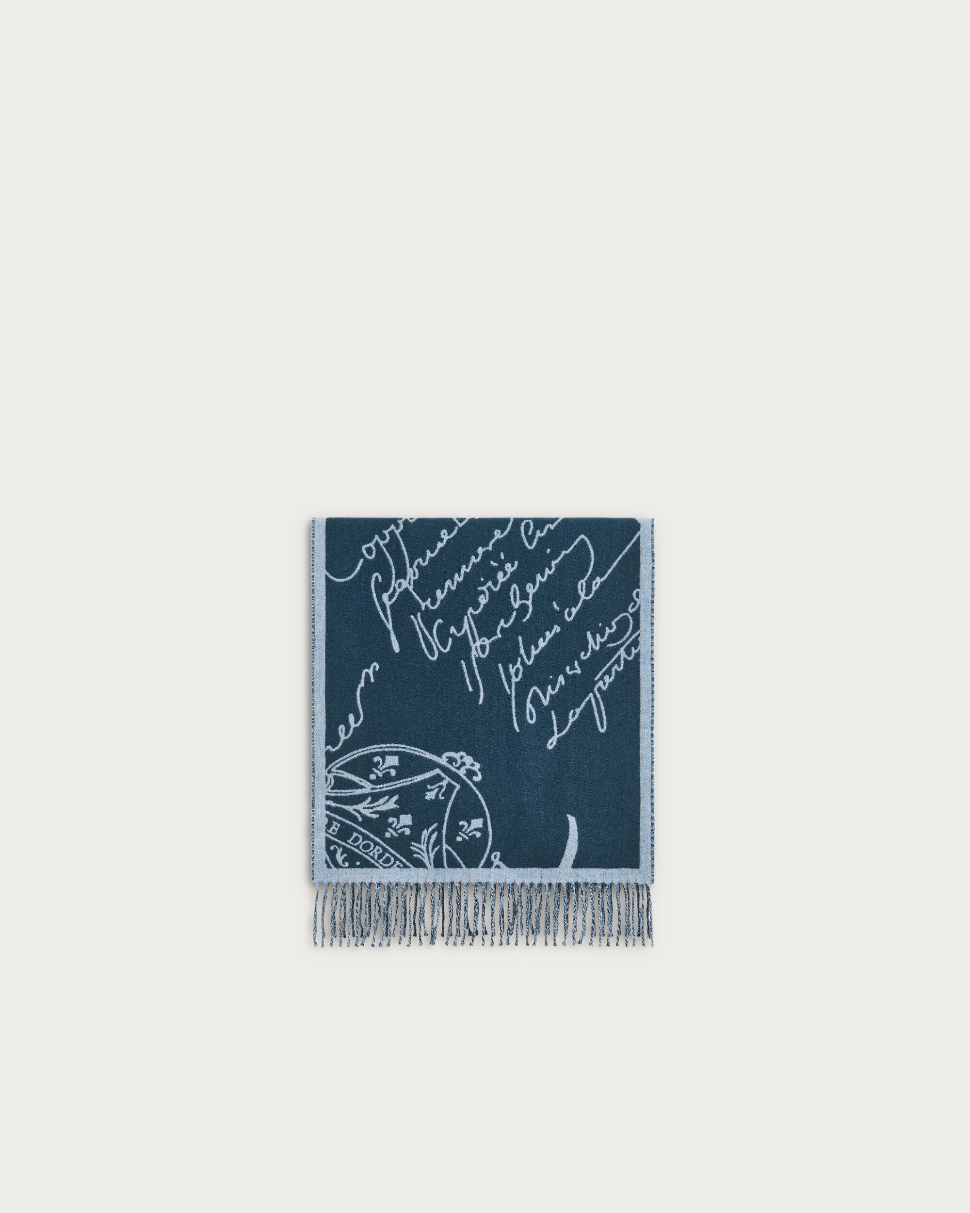 Double Face Herringbone and Scritto Scarf, TItanium Blue , hi-res