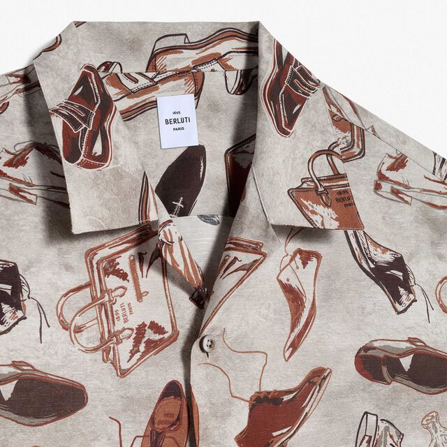 亚麻和棉质印花短袖衬衫, ICONIC SUMMER BROWN, hi-res 7