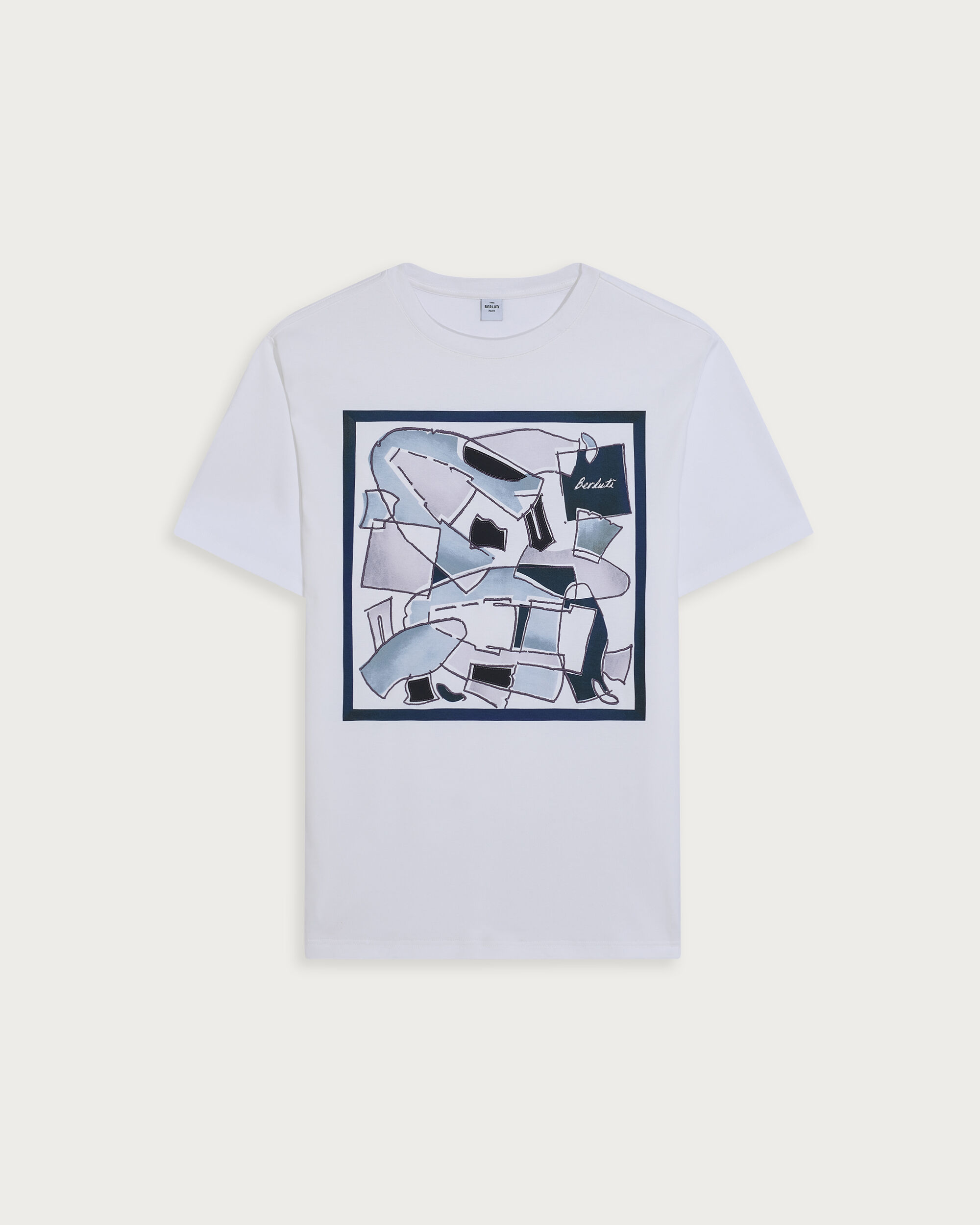 Shoe Collage Pattern T-shirt, Optical White & Shoe Pattern Blu, hi-res
