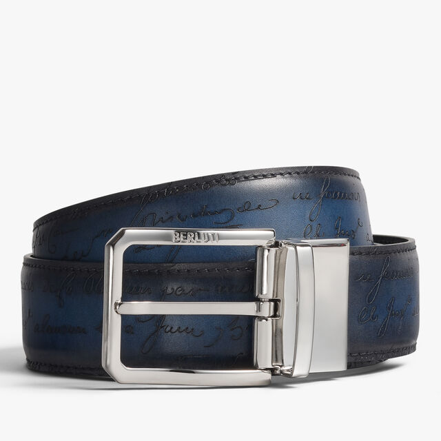 Versatile Scritto Embossed Leather 35 MM Belt, ABISSO+MARRONE INTENSO, hi-res 1