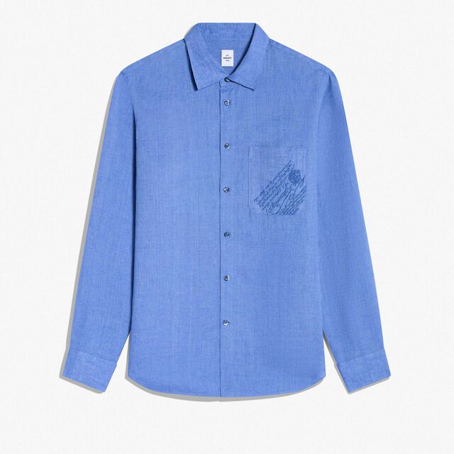 饰有Scritto图纹口袋的亚麻衬衫, SUMMER BLUE, hi-res 1