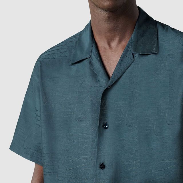 Cotton Silk Scritto Short Sleeves Shirt, NERO BLUE, hi-res 5