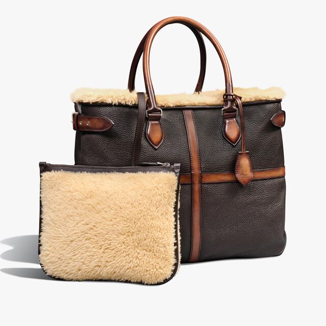 Toujours XL Deer Skin And Shearling Tote Bag, CACAO INTENSO + DARK BROWN, hi-res 5