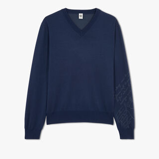 Wool V-Neck Sweater With Placed Scritto, WARM BLUE, hi-res