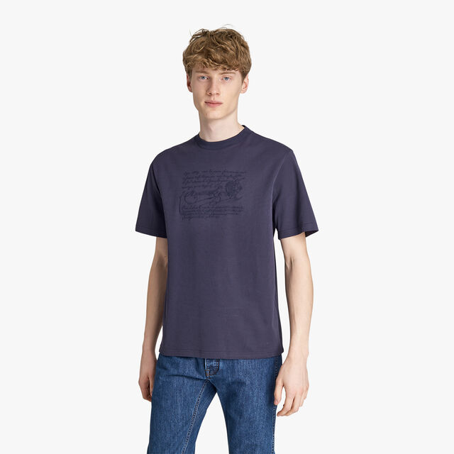 자수 스크리토 T-셔츠, INK BLUE, hi-res 2