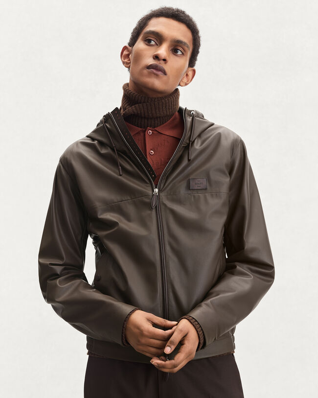 Ultralight Fly Leather Hooded Blouson, Brown Taupe, hi-res
