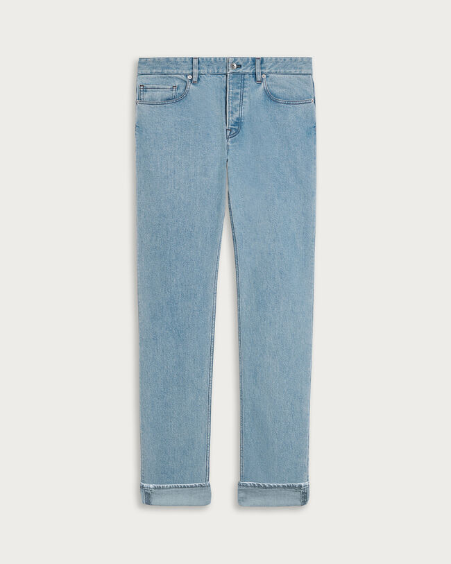 Slim Denim Pants with Leather Detail, Light Blue, hi-res
