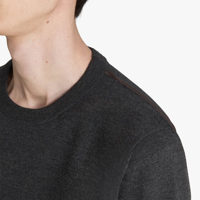 Wool Sweater With Leather Detail, DARK GREY MELANGE, hi-res 6