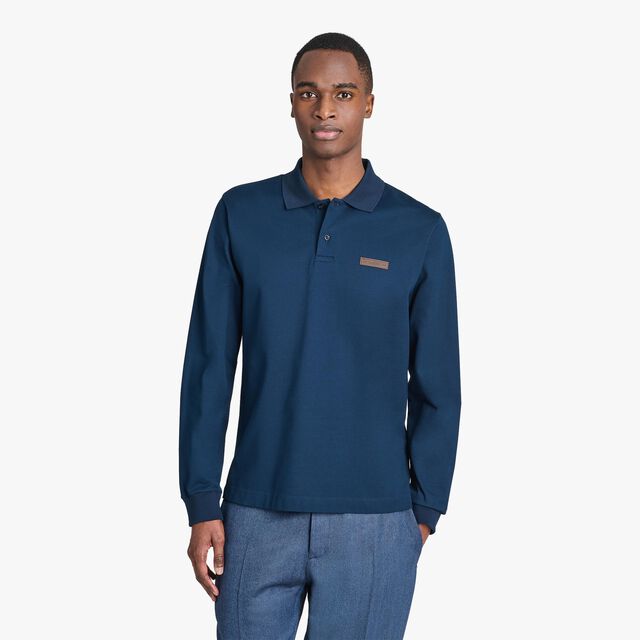 经典珠地布皮革标签长袖Polo衫, ATLANTIC BLUE, hi-res 2