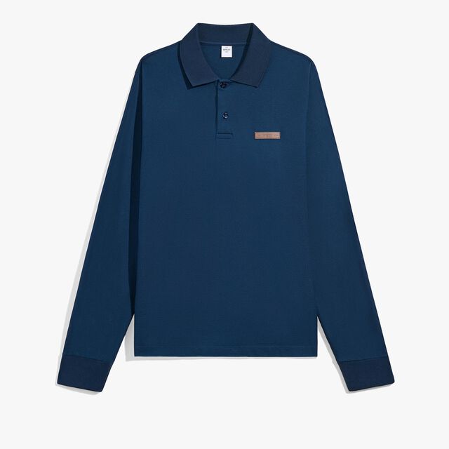 经典珠地布皮革标签长袖Polo衫, ATLANTIC BLUE, hi-res 1