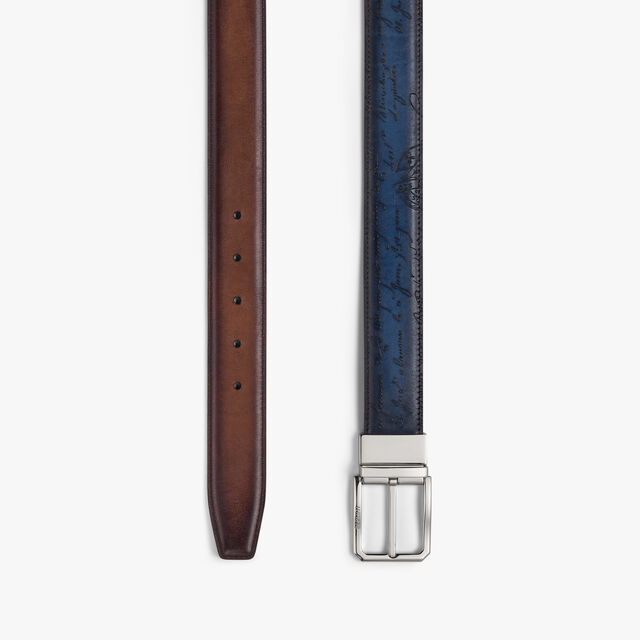Versatile Scritto Embossed Leather 35 MM Belt, ABISSO+MARRONE INTENSO, hi-res 3