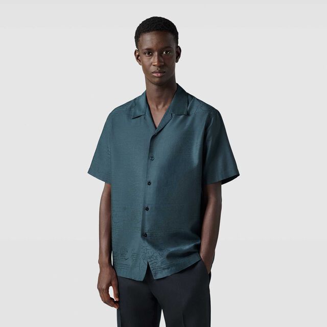 Cotton Silk Scritto Short Sleeves Shirt, NERO BLUE, hi-res 2