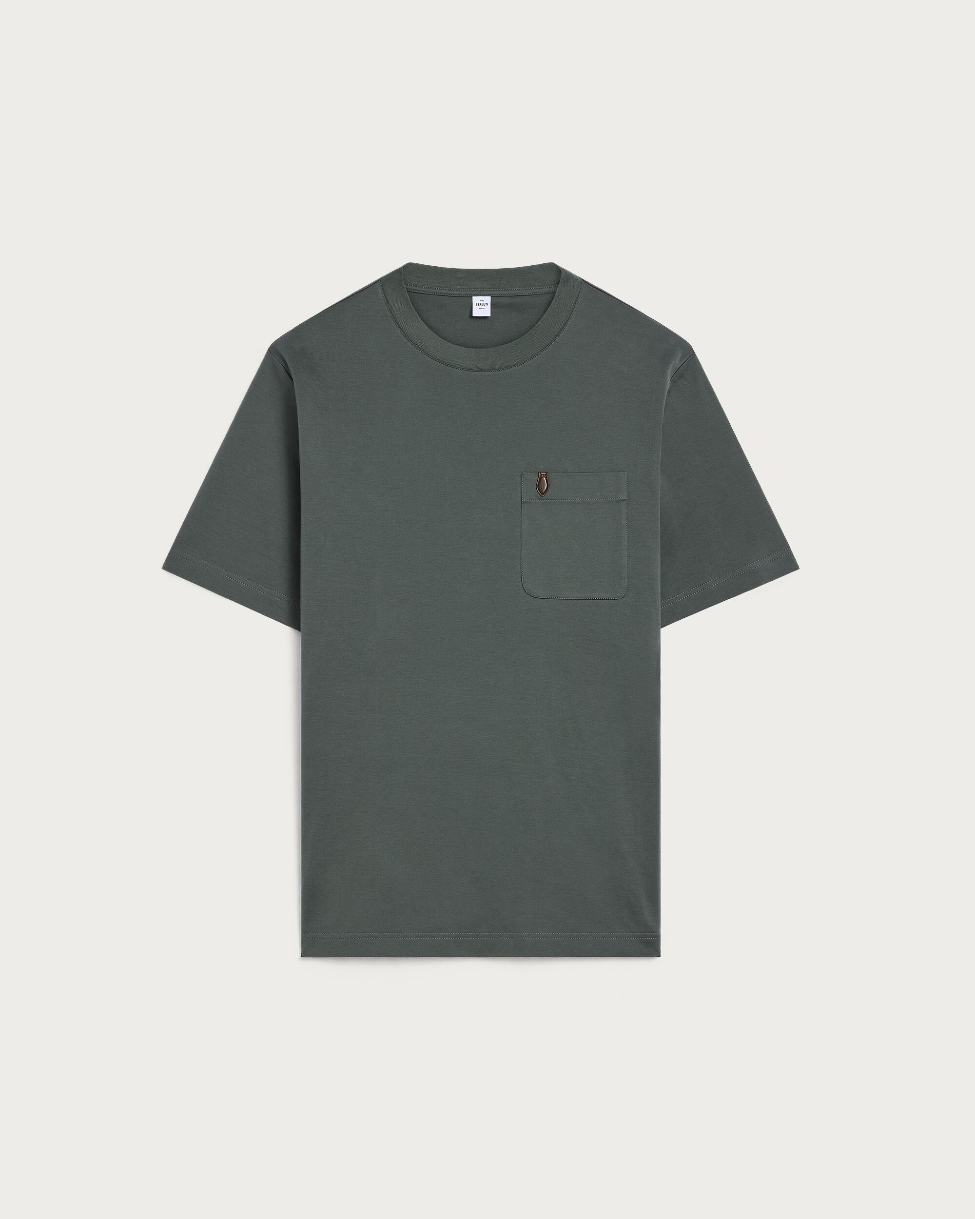Pocket T-shirt with Leather Detail, Dark Green, hi-res