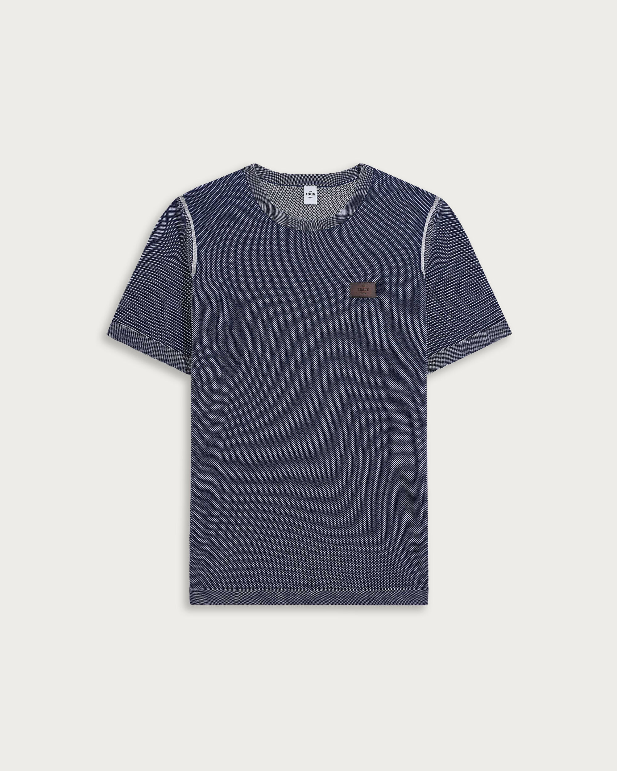 Light Shadow Short-Sleeves Crewneck with Leather Detail, Light Dusty Blue, hi-res