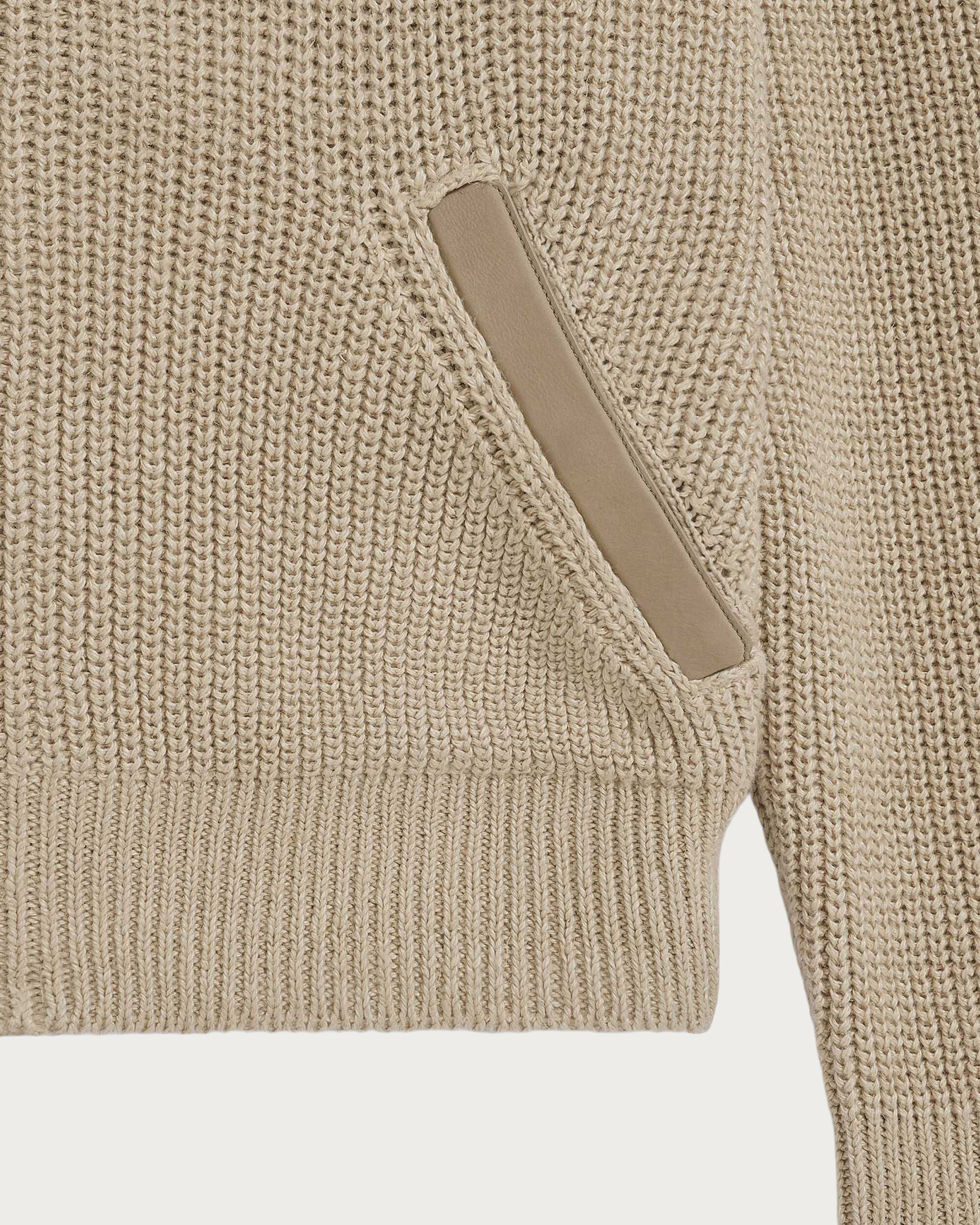 Zipped Cardigan with Leather Details, Light Fawn, hi-res