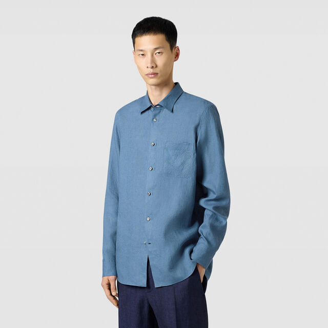 Linen Relaxed Scritto Pocket Shirt, CHAMBRAY BLUE, hi-res 3