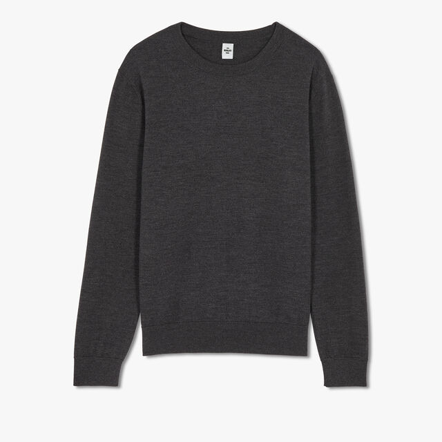 Wool Sweater With Leather Detail, DARK GREY MELANGE, hi-res 1