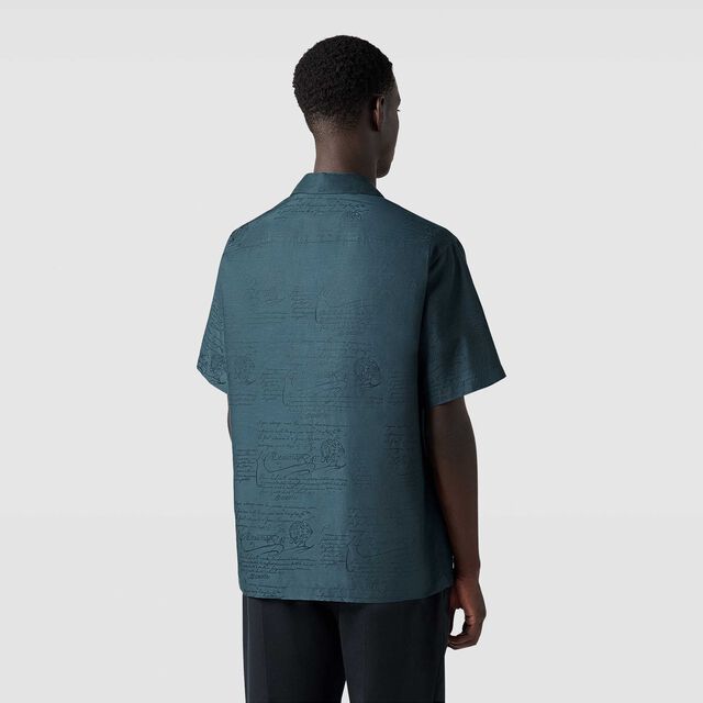 Cotton Silk Scritto Short Sleeves Shirt, NERO BLUE, hi-res 3