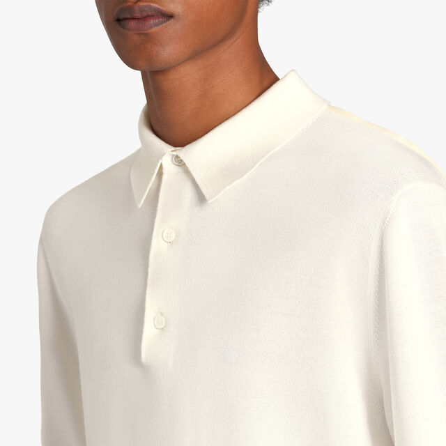 Wool Polo With Leather Detail, COTTON WHITE, hi-res 5