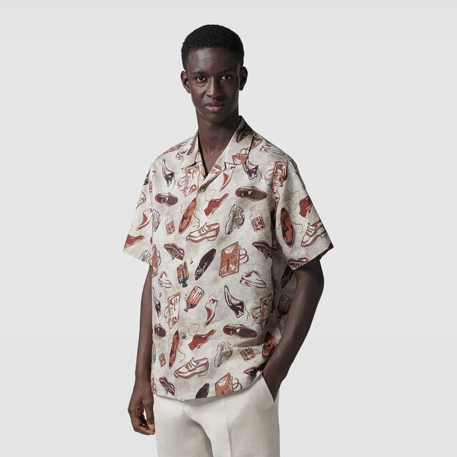 亚麻和棉质印花短袖衬衫, ICONIC SUMMER BROWN, hi-res 3