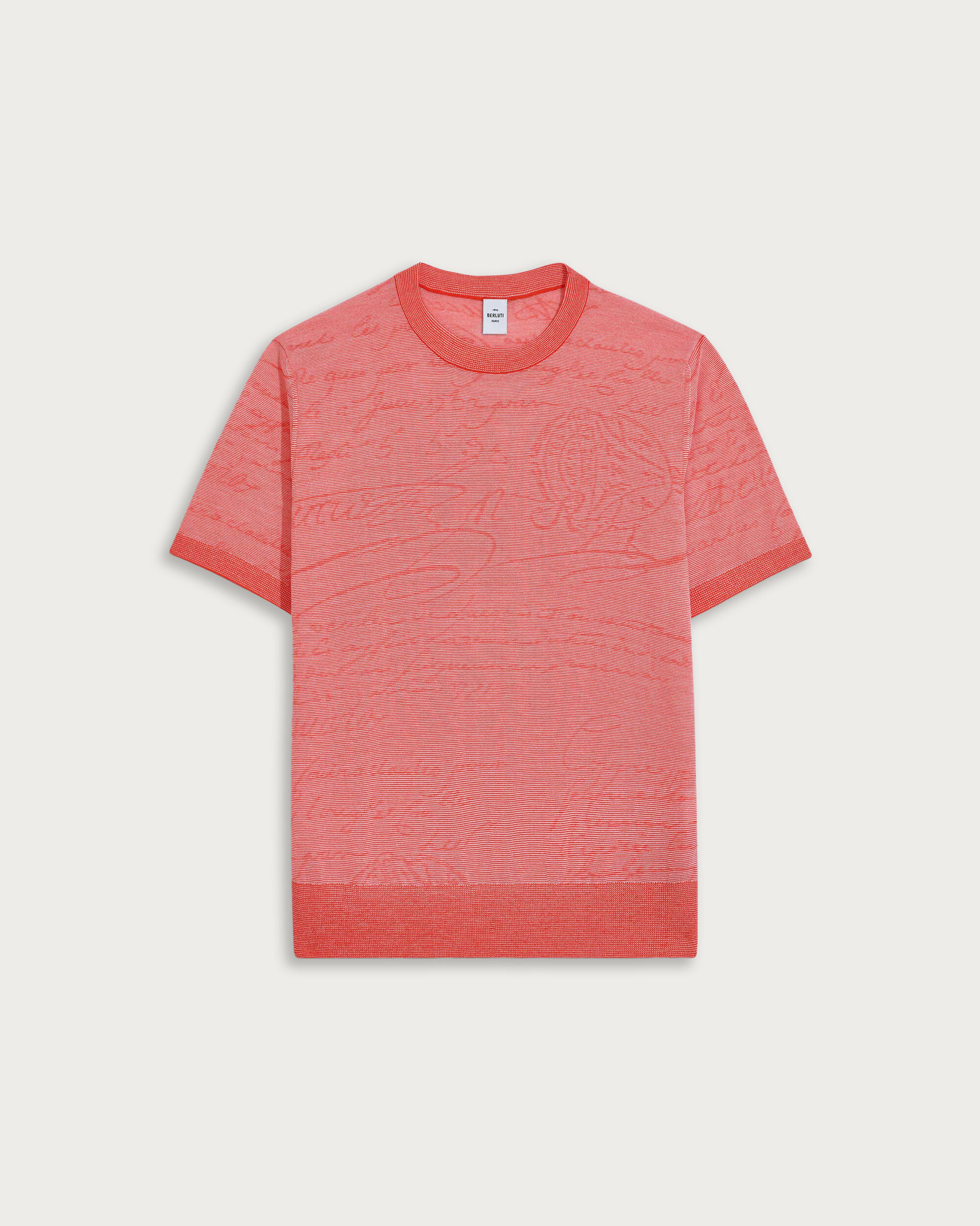 Light Scritto Pattern Short-Sleeves Crewneck, Bright Coral, hi-res