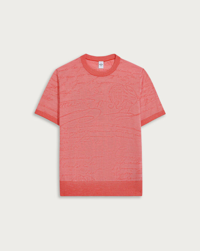 Light Scritto Pattern Short-Sleeves Crewneck, Bright Coral, hi-res